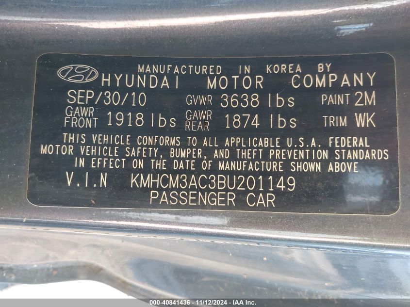 2011 Hyundai Accent Gs VIN: KMHCM3AC3BU201149 Lot: 40841436