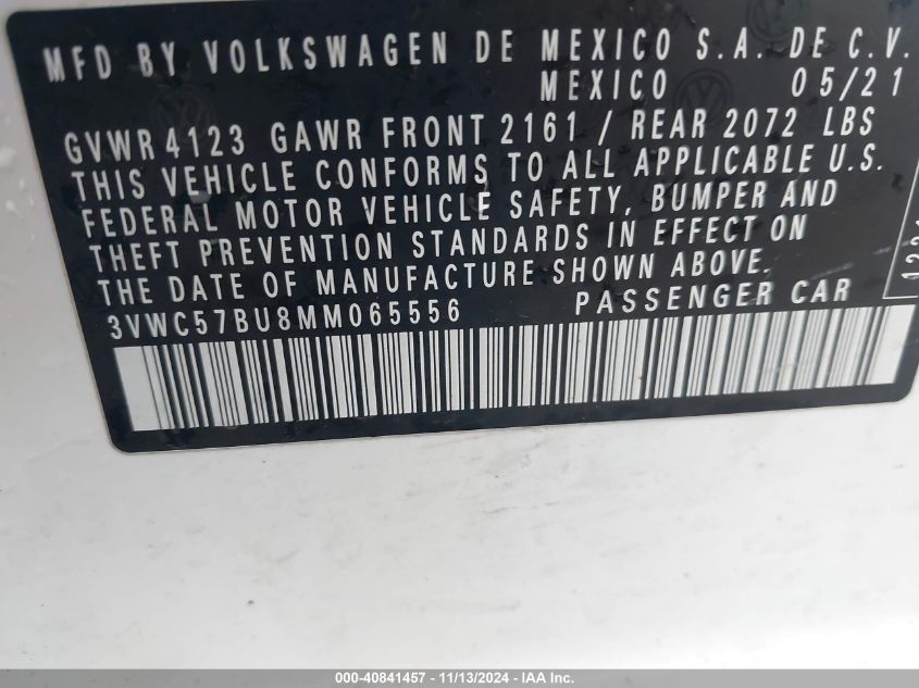 2021 Volkswagen Jetta 1.4T R-Line/1.4T S/1.4T Se VIN: 3VWC57BU8MM065556 Lot: 40841457