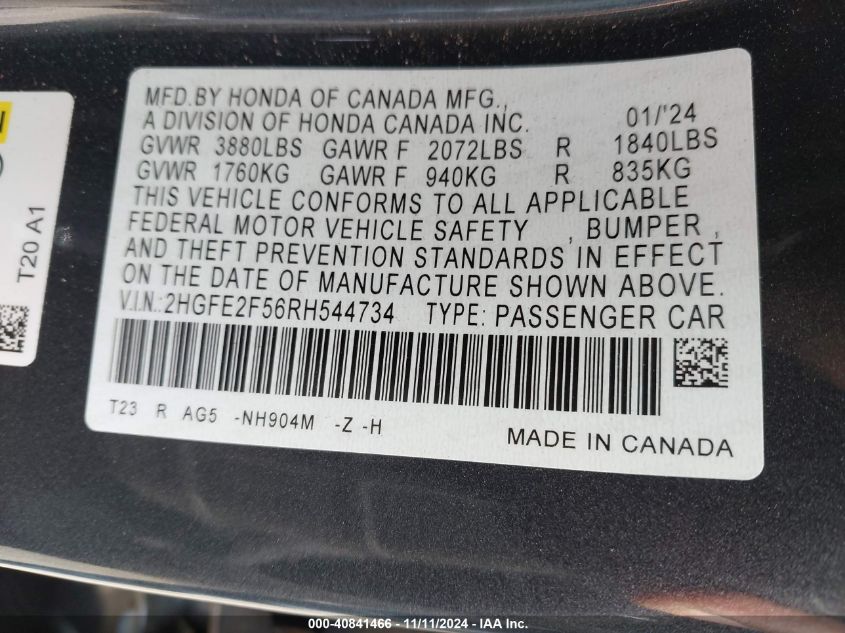 VIN 2HGFE2F56RH544734 2024 Honda Civic, Sport no.9