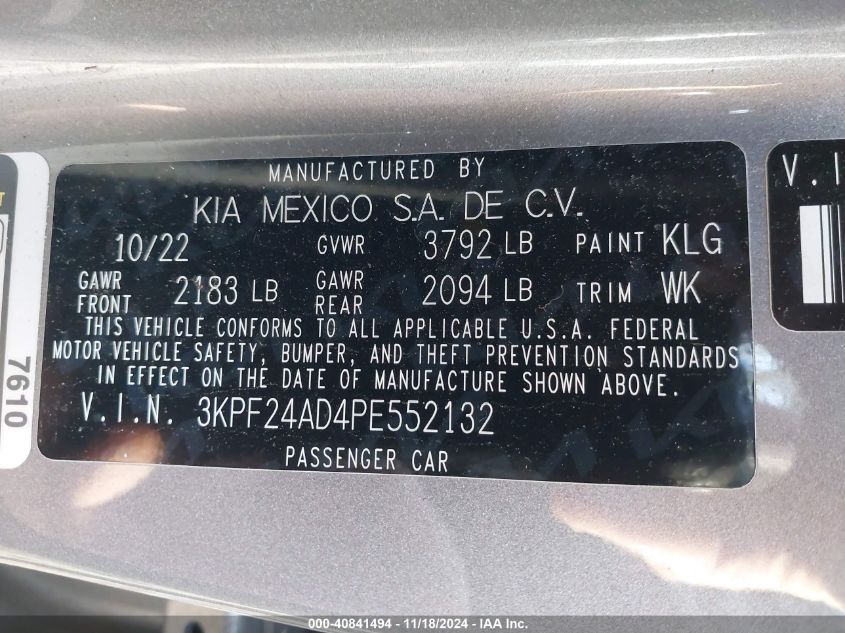 2023 Kia Forte Lxs VIN: 3KPF24AD4PE552132 Lot: 40841494