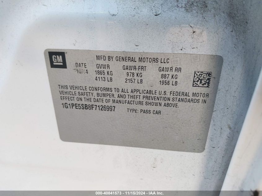 2015 CHEVROLET CRUZE VIN: 1G1PE5SB8F7126997