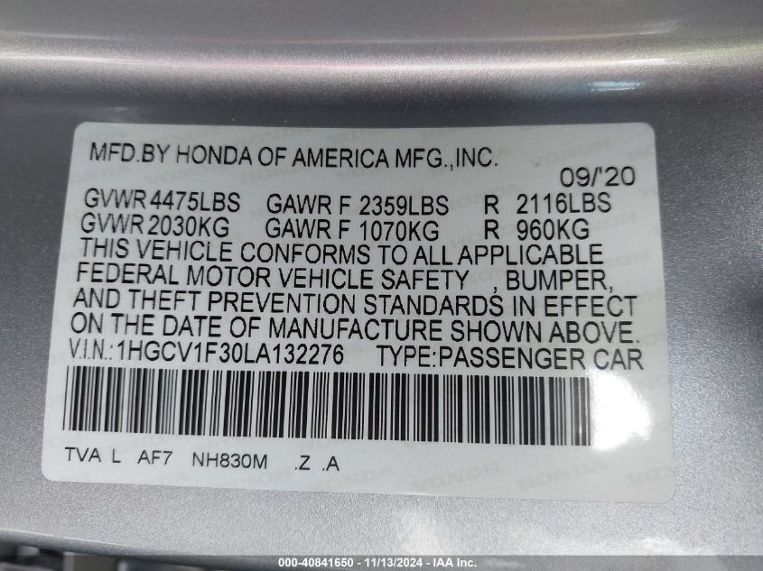 VIN 1HGCV1F30LA132276 2020 Honda Accord, Sport no.9