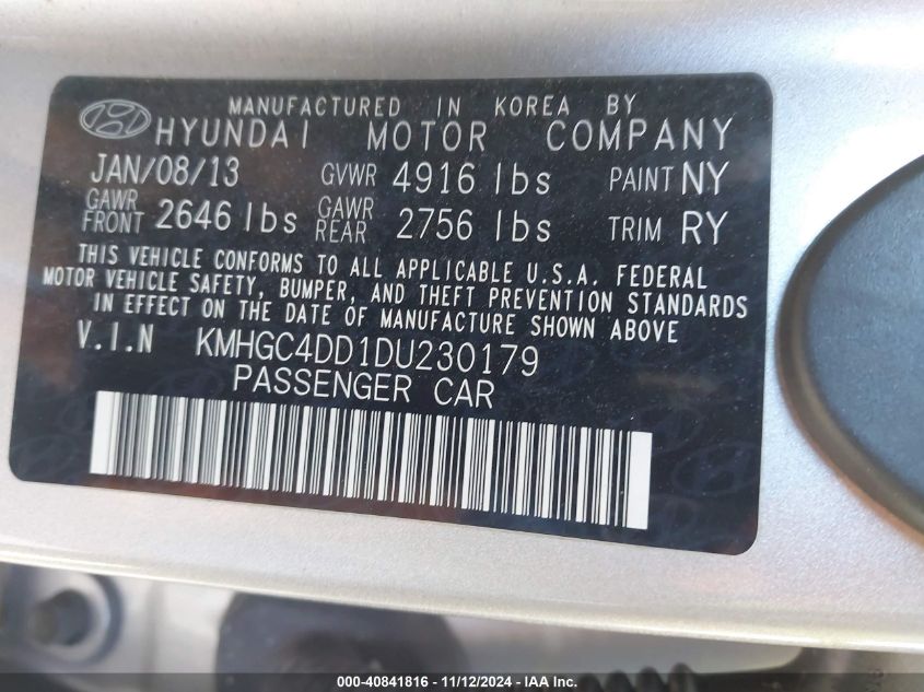 2013 Hyundai Genesis 3.8 VIN: KMHGC4DD1DU230179 Lot: 40841816