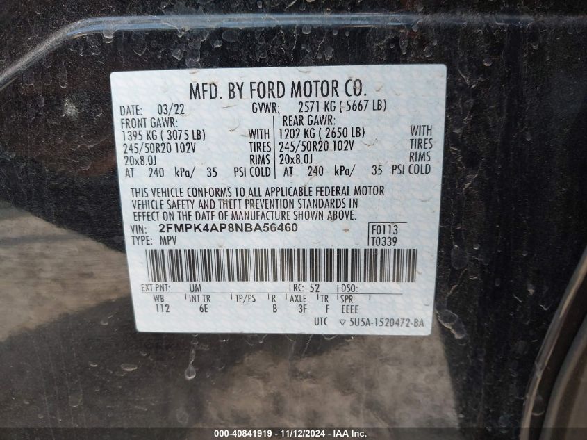 2022 Ford Edge St VIN: 2FMPK4AP8NBA56460 Lot: 40841919