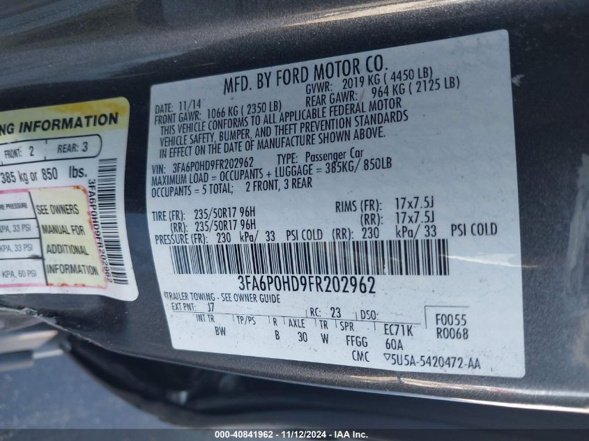 VIN 3FA6P0HD9FR202962 2015 Ford Fusion, SE no.9