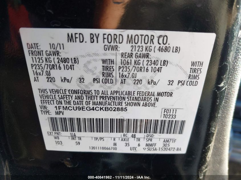 2012 Ford Escape Limited VIN: 1FMCU9EG4CKB02885 Lot: 40841982