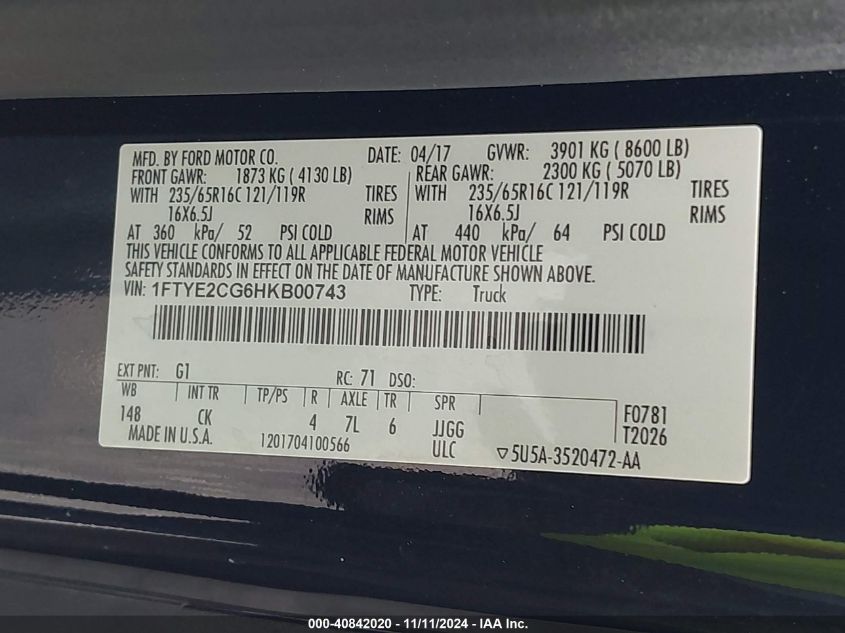 2017 Ford Transit-150 VIN: 1FTYE2CG6HKB00743 Lot: 40842020