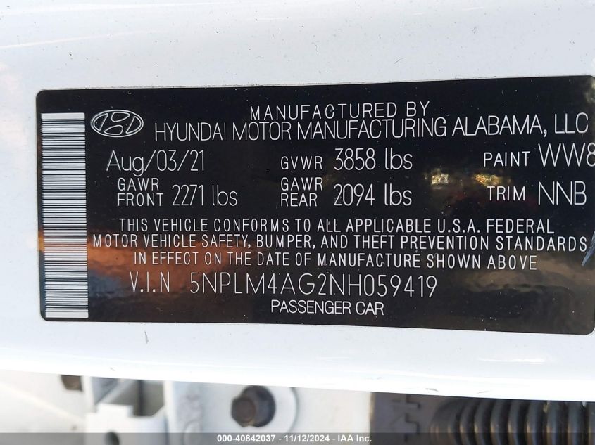 2022 Hyundai Elantra Sel VIN: 5NPLM4AG2NH059419 Lot: 40842037