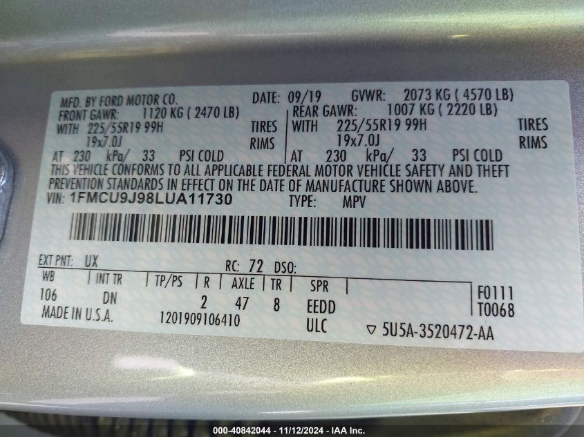 2020 Ford Escape Titanium VIN: 1FMCU9J98LUA11730 Lot: 40842044