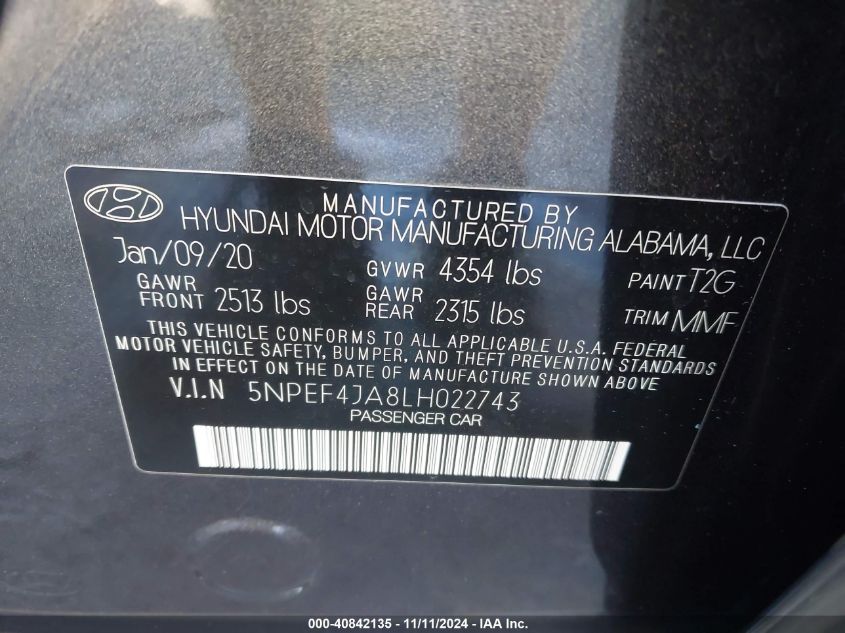 2020 Hyundai Sonata Sel VIN: 5NPEF4JA8LH022743 Lot: 40842135