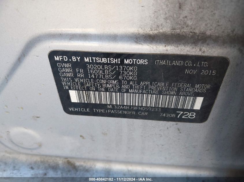 2015 MITSUBISHI MIRAGE VIN: ML32A4HJ9FH059233