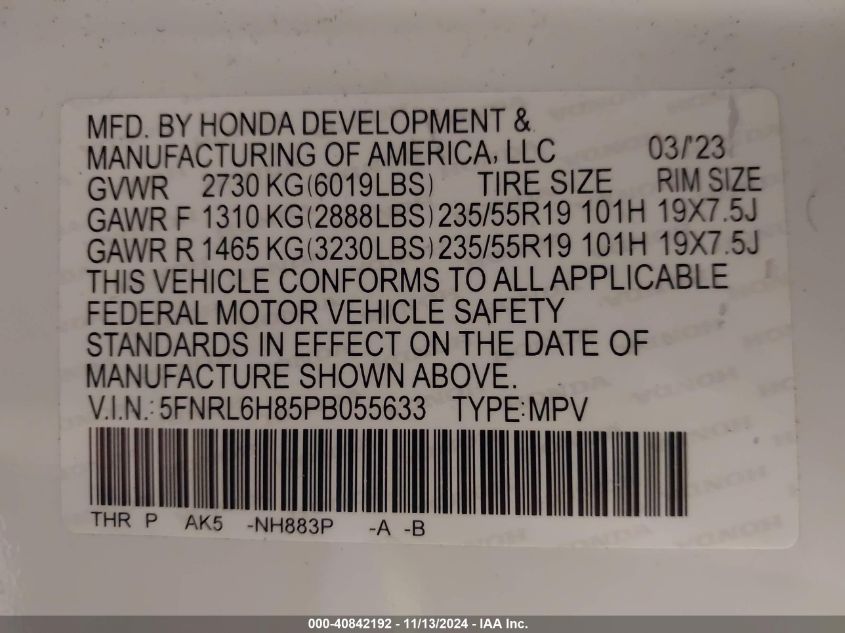 2023 Honda Odyssey Touring VIN: 5FNRL6H85PB055633 Lot: 40842192