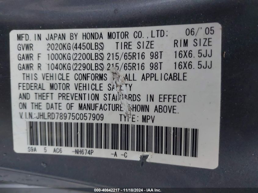 2005 Honda Cr-V Se VIN: JHLRD78975C057909 Lot: 40842217