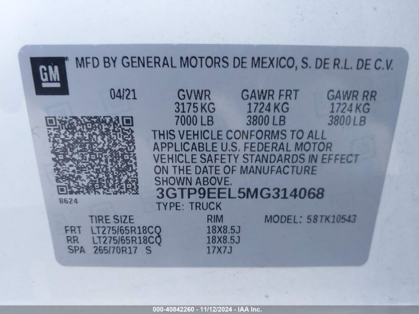 2021 GMC Sierra 1500 At4 VIN: 3GTP9EEL5MG314068 Lot: 40842260