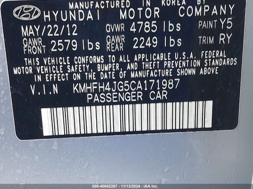 2012 Hyundai Azera VIN: KMHFH4JG5CA171987 Lot: 40842267