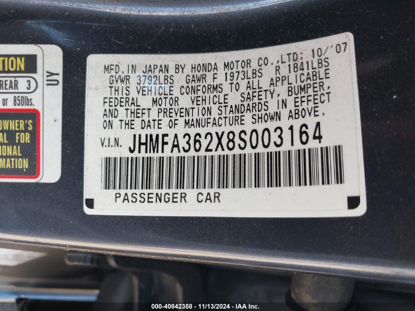 2008 Honda Civic Hybrid VIN: JHMFA362X8S003164 Lot: 40842358