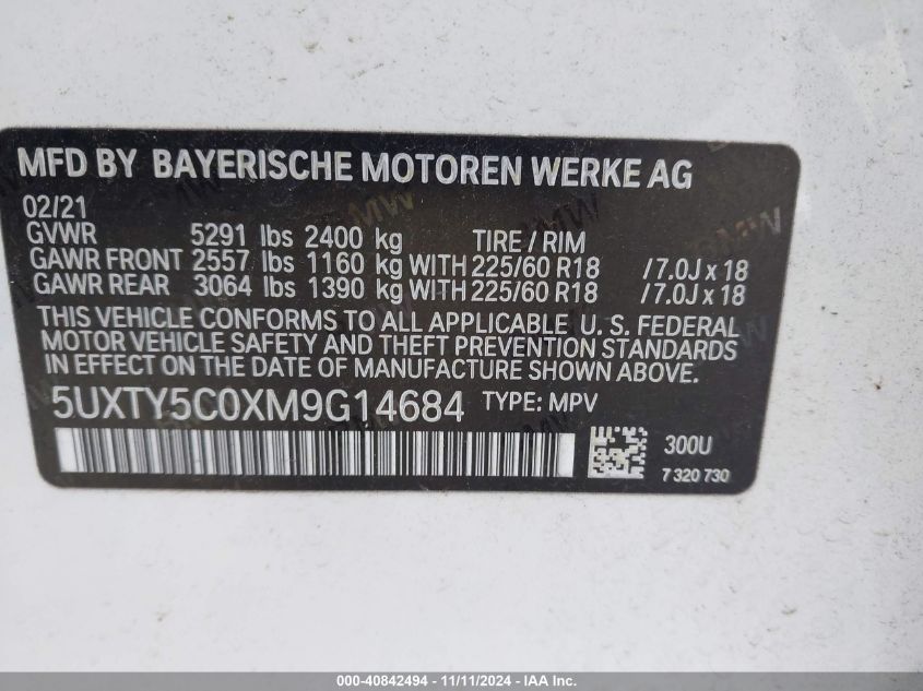 2021 BMW X3 XDRIVE30I - 5UXTY5C0XM9G14684