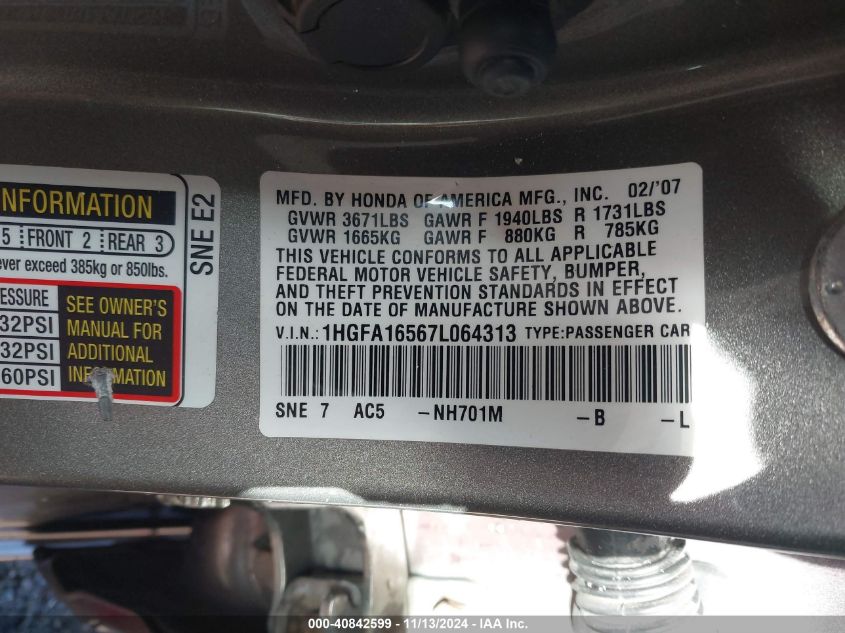 2007 Honda Civic Lx VIN: 1HGFA16567L064313 Lot: 40842599