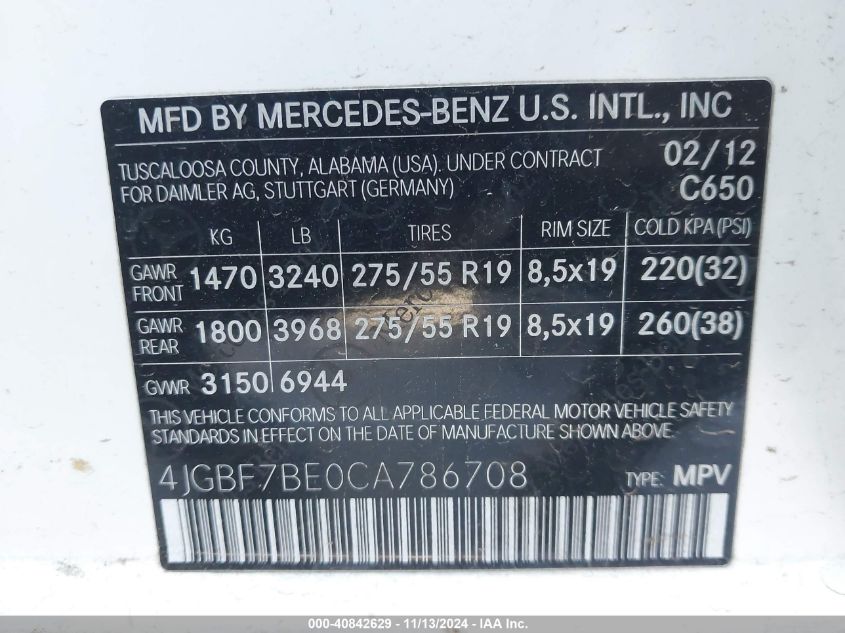 2012 Mercedes-Benz Gl 450 4Matic VIN: 4JGBF7BE0CA786708 Lot: 40842629