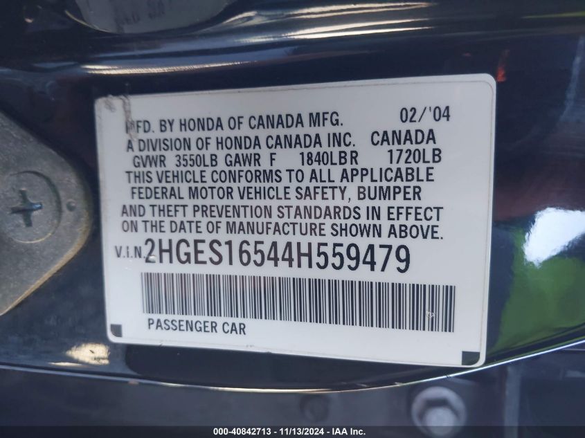 2004 Honda Civic Lx VIN: 2HGES16544H559479 Lot: 40842713