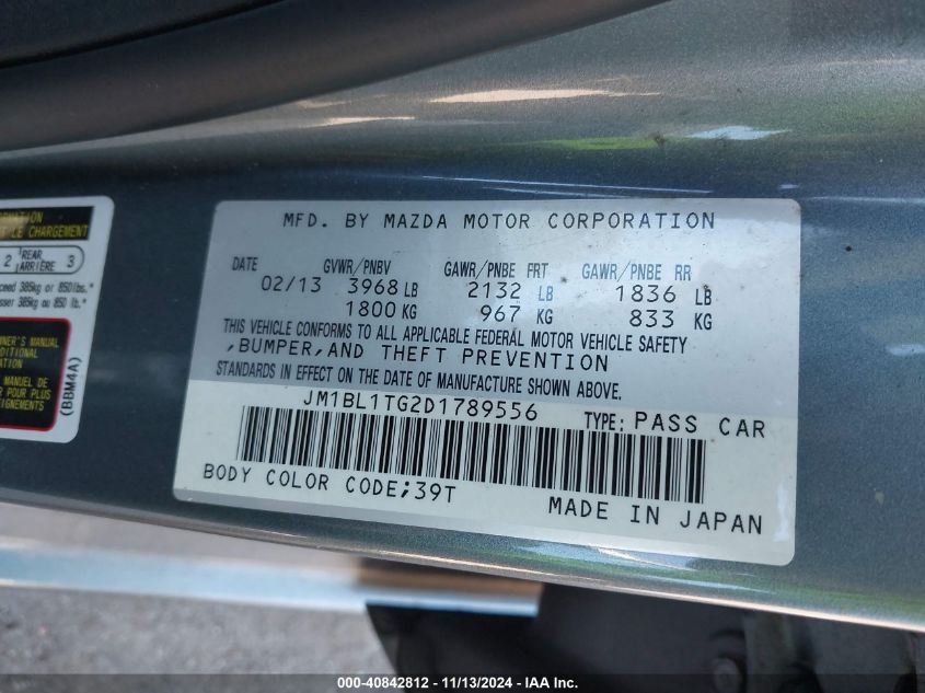 2013 MAZDA MAZDA3 VIN: JM1BL1TG2D1789556