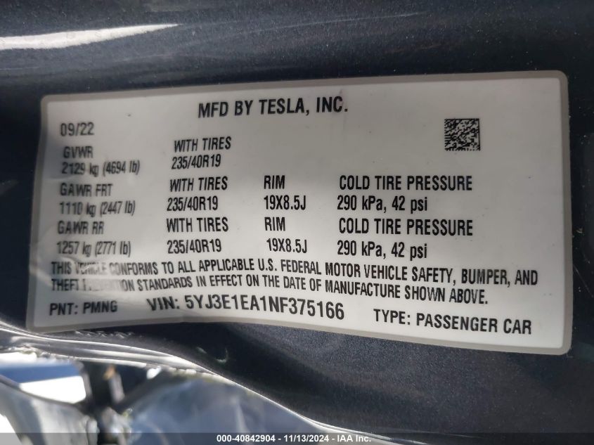 2022 Tesla Model 3 Rear-Wheel Drive VIN: 5YJ3E1EA1NF375166 Lot: 40842904