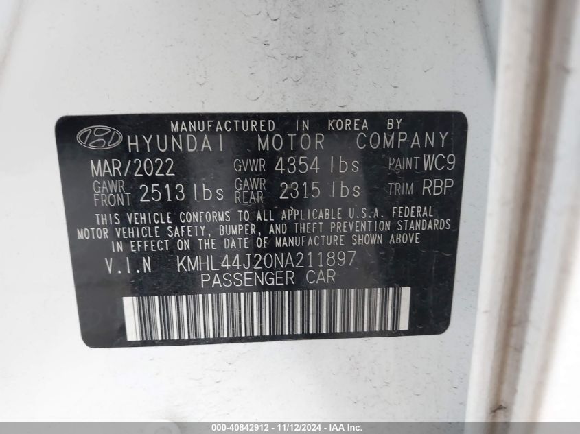 2022 Hyundai Sonata Sel Plus VIN: KMHL44J20NA211897 Lot: 40842912