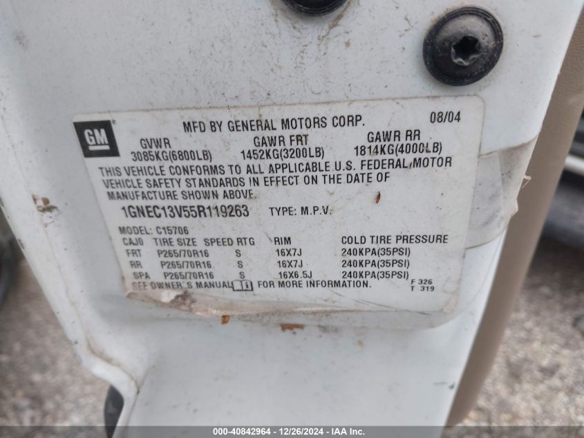 2005 Chevrolet Tahoe Ls VIN: 1GNEC13V55R119263 Lot: 40842964