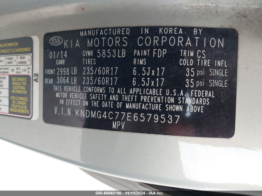 2014 Kia Sedona Lx VIN: KNDMG4C77E6579537 Lot: 40843100