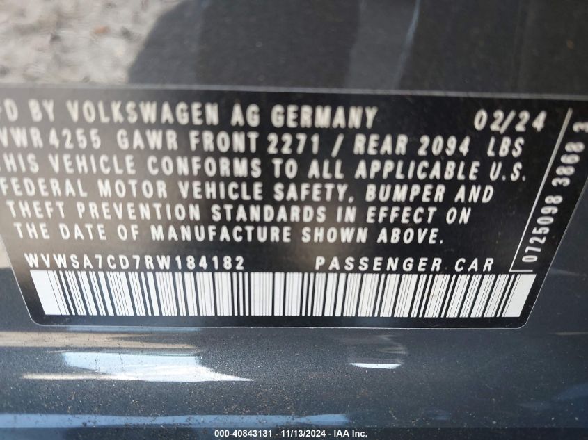 2024 Volkswagen Golf Gti 2.0T 380 Se VIN: WVWSA7CD7RW184182 Lot: 40843131