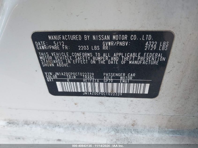 2012 Nissan Leaf Sv VIN: JN1AZ0CP0CT022329 Lot: 40843135