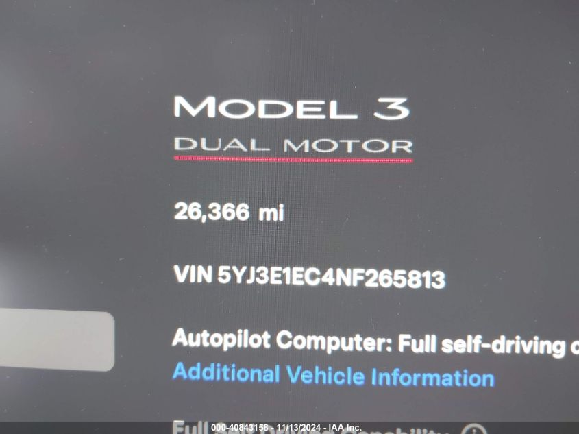 2022 Tesla Model 3 Performance Dual Motor All-Wheel Drive VIN: 5YJ3E1EC4NF265813 Lot: 40843158