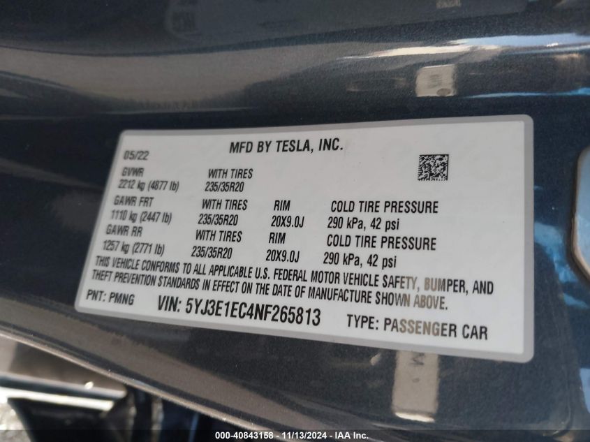 2022 Tesla Model 3 Performance Dual Motor All-Wheel Drive VIN: 5YJ3E1EC4NF265813 Lot: 40843158