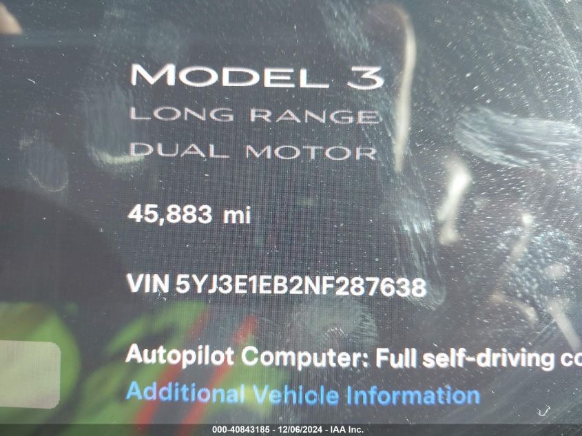 2022 Tesla Model 3 Long Range Dual Motor All-Wheel Drive VIN: 5YJ3E1EB2NF287638 Lot: 40843185