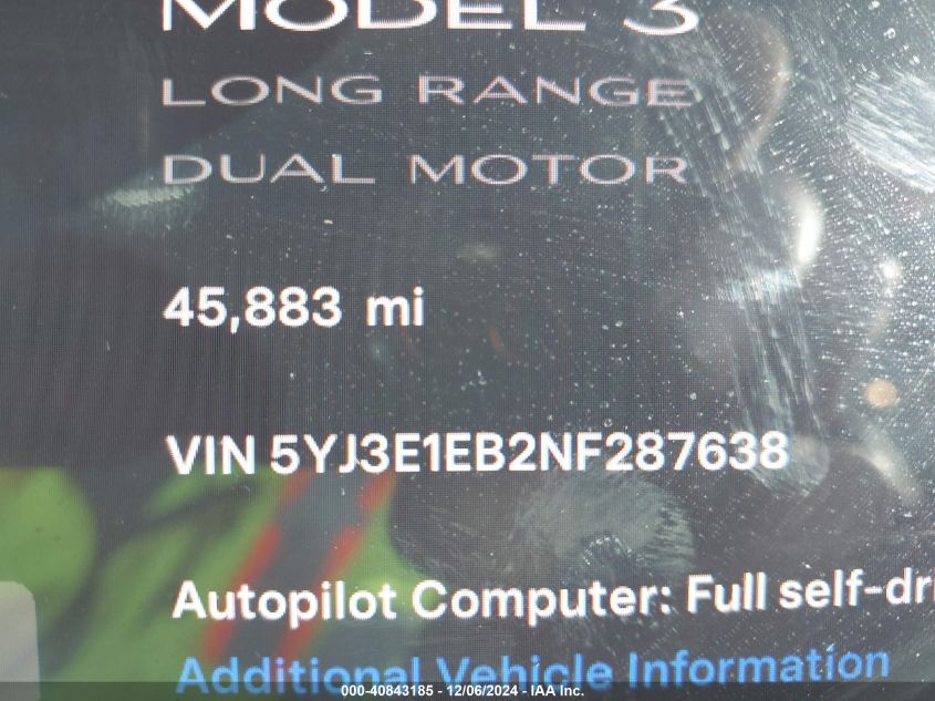 2022 Tesla Model 3 Long Range Dual Motor All-Wheel Drive VIN: 5YJ3E1EB2NF287638 Lot: 40843185