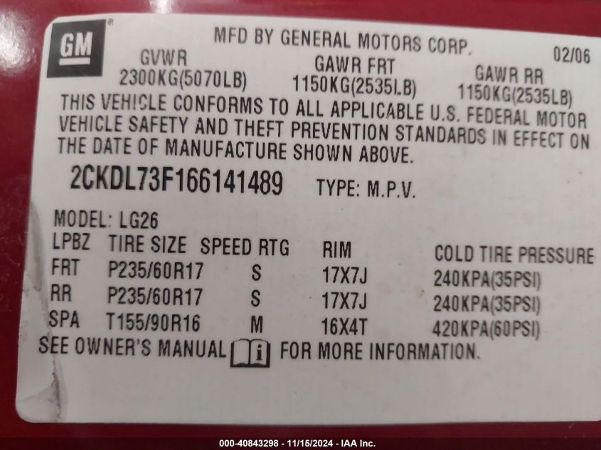 2006 Pontiac Torrent VIN: 2CKDL73F166141489 Lot: 40843298