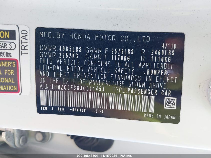 2018 Honda Clarity Plug-In Hybrid Touring VIN: JHMZC5F38JC011453 Lot: 40843364