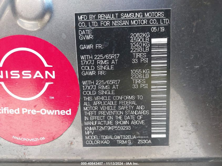 VIN KNMAT2MT9KP559293 2019 NISSAN ROGUE SV