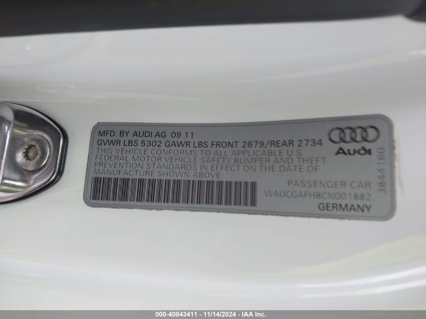 2012 Audi S5 3.0 Premium Plus VIN: WAUCGAFH8CN001882 Lot: 40843411