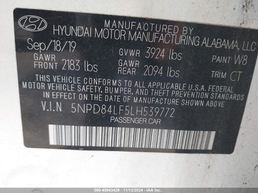 2020 Hyundai Elantra Sel VIN: 5NPD84LF5LH539772 Lot: 40843429