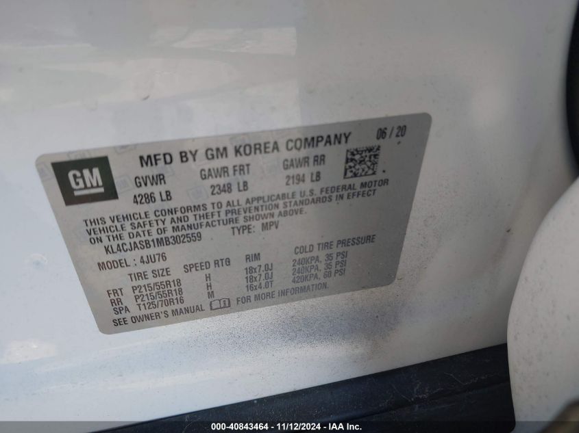 2021 Buick Encore Fwd Preferred VIN: KL4CJASB1MB302559 Lot: 40843464