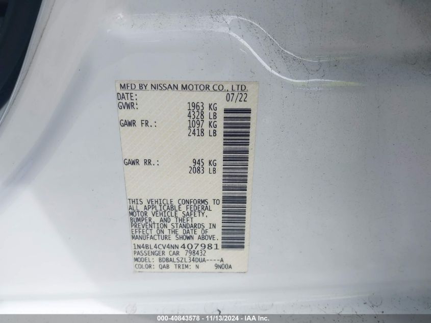2022 NISSAN ALTIMA VIN: 1N4BL4CV4NN407981