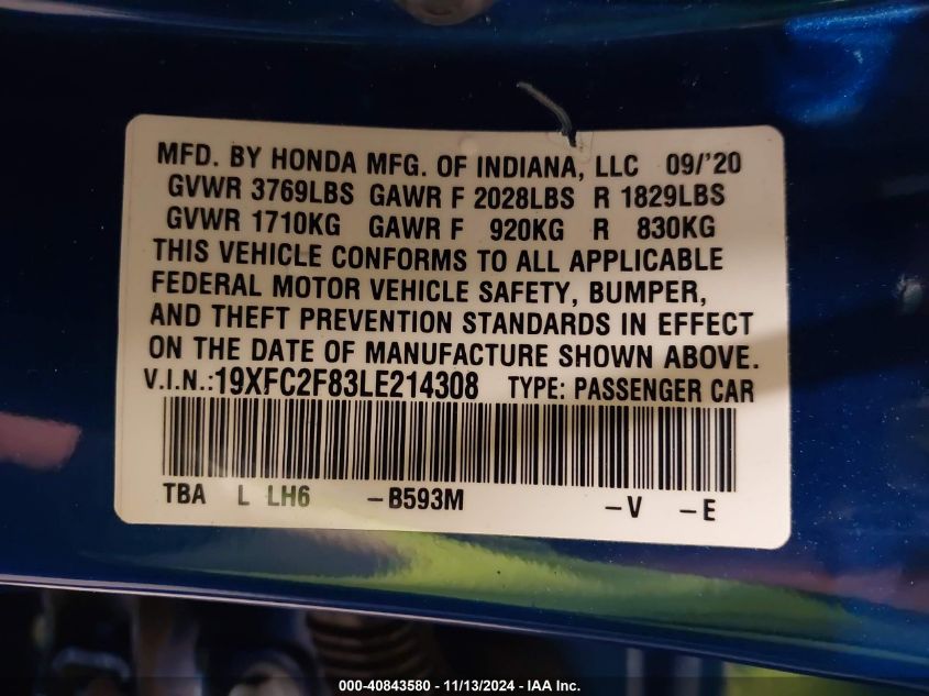 2020 Honda Civic Sport VIN: 19XFC2F83LE214308 Lot: 40843580
