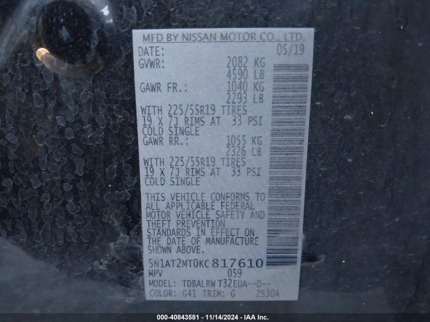 VIN 5N1AT2MT0KC817610 2019 NISSAN ROGUE SL