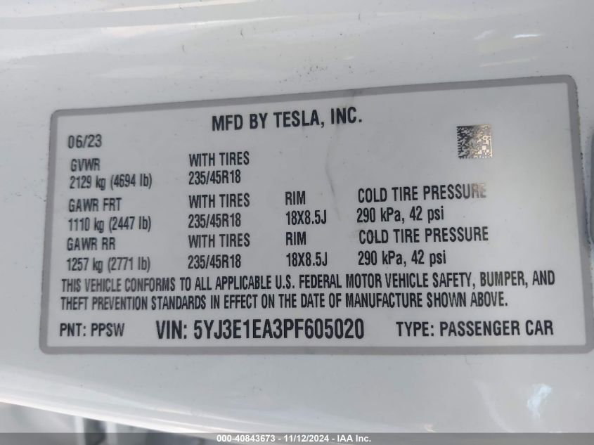 2023 TESLA MODEL 3 REAR-WHEEL DRIVE - 5YJ3E1EA3PF605020