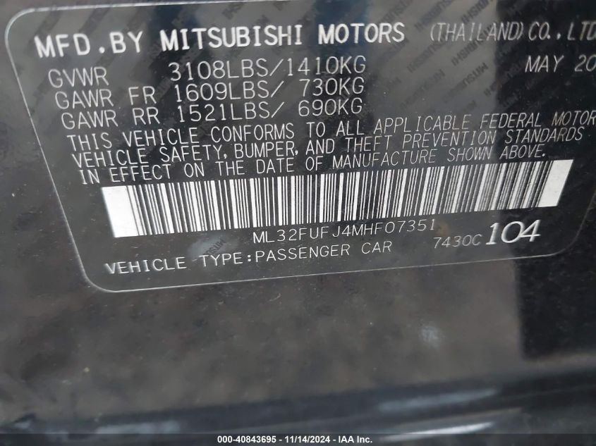 2021 Mitsubishi Mirage G4 Carbonite Edition/Es/Le VIN: ML32FUFJ4MHF07351 Lot: 40843695