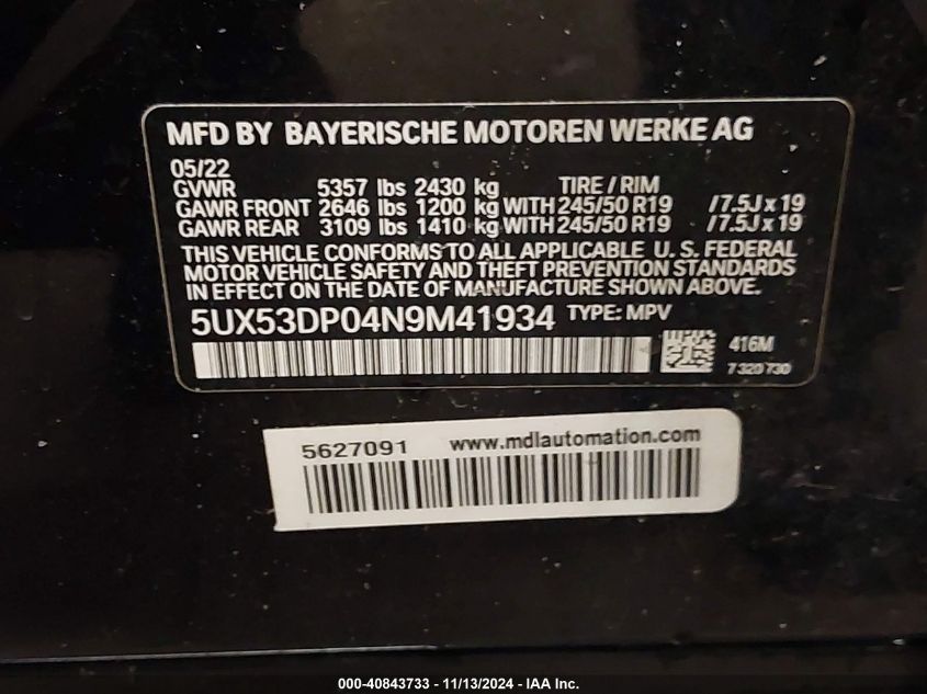 2022 BMW X3 xDrive30I VIN: 5UX53DP04N9M41934 Lot: 40843733