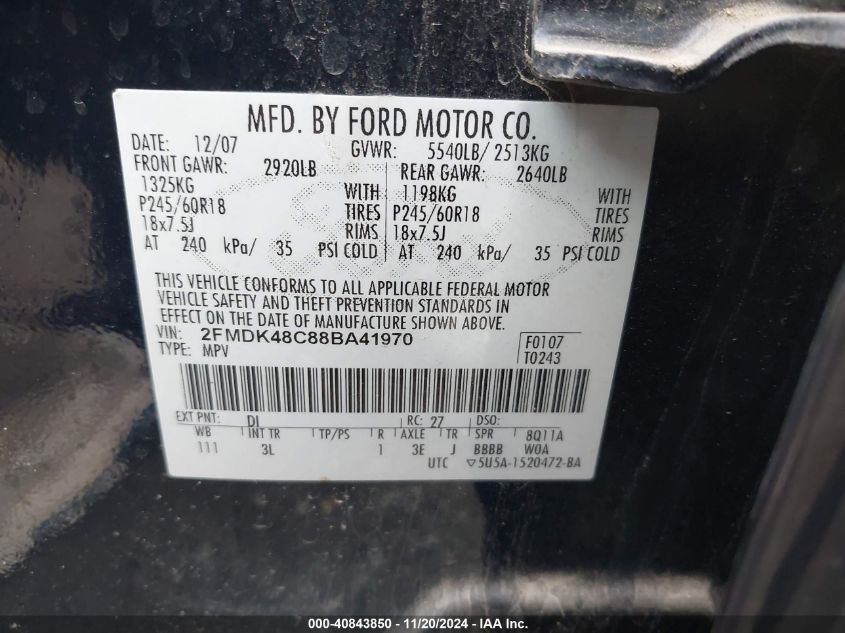 2008 Ford Edge Sel VIN: 2FMDK48C88BA41970 Lot: 40843850