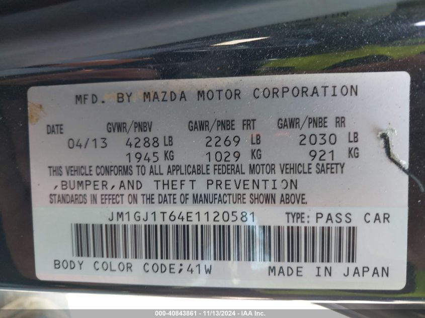 2014 Mazda Mazda6 I Touring VIN: JM1GJ1T64E1120581 Lot: 40843861