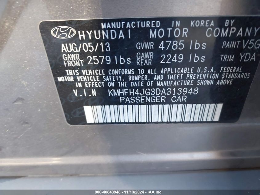 2013 Hyundai Azera VIN: KMHFH4JG3DA313948 Lot: 40843948